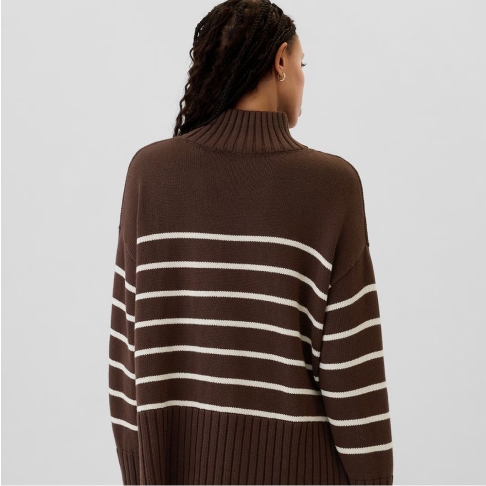 NWOT Gap Small Oversized 24/7 Split-Hem Mockneck Sweater Brown Striped Rib Trim - Picture 3 of 8